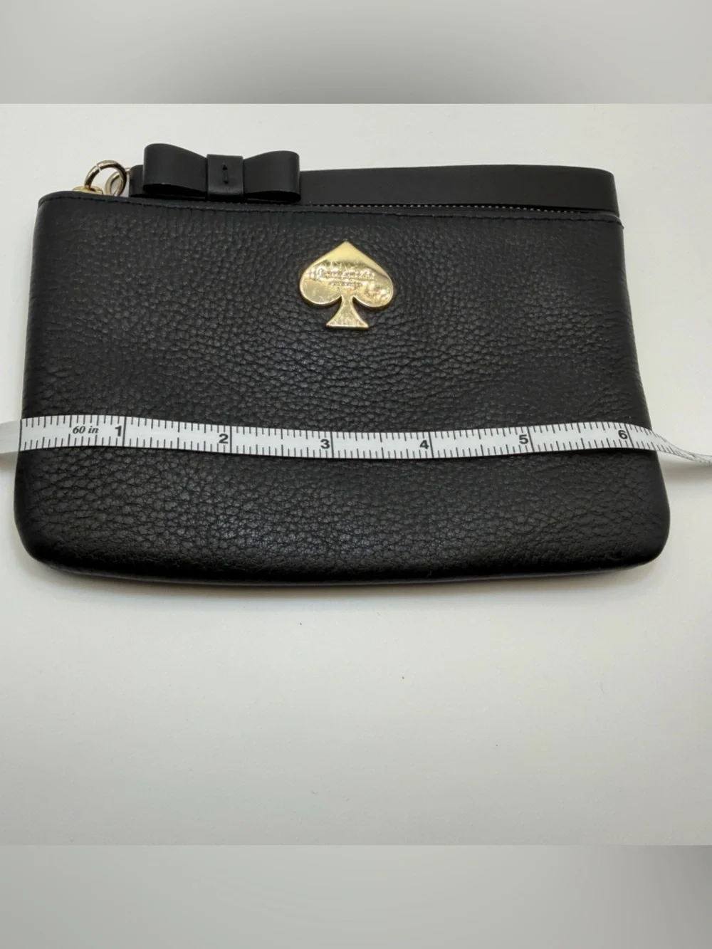 Kate Spade Black Leather Wristlet Bow Strap Gold Spade Logo  GUC